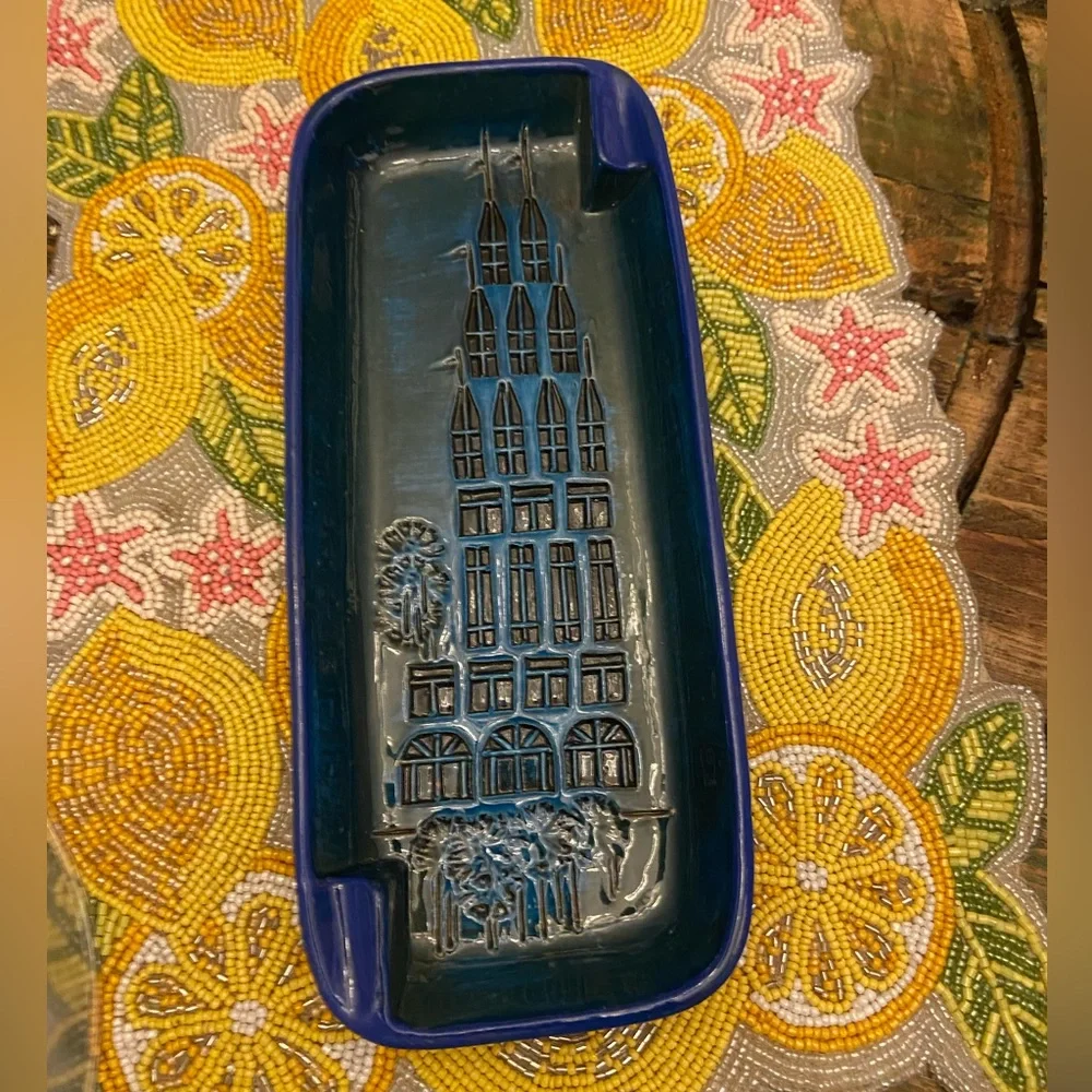 Vintage Bitossi Blue Glaze Campus Pattern Italian Rectangular Plate - Picture 6 of 13